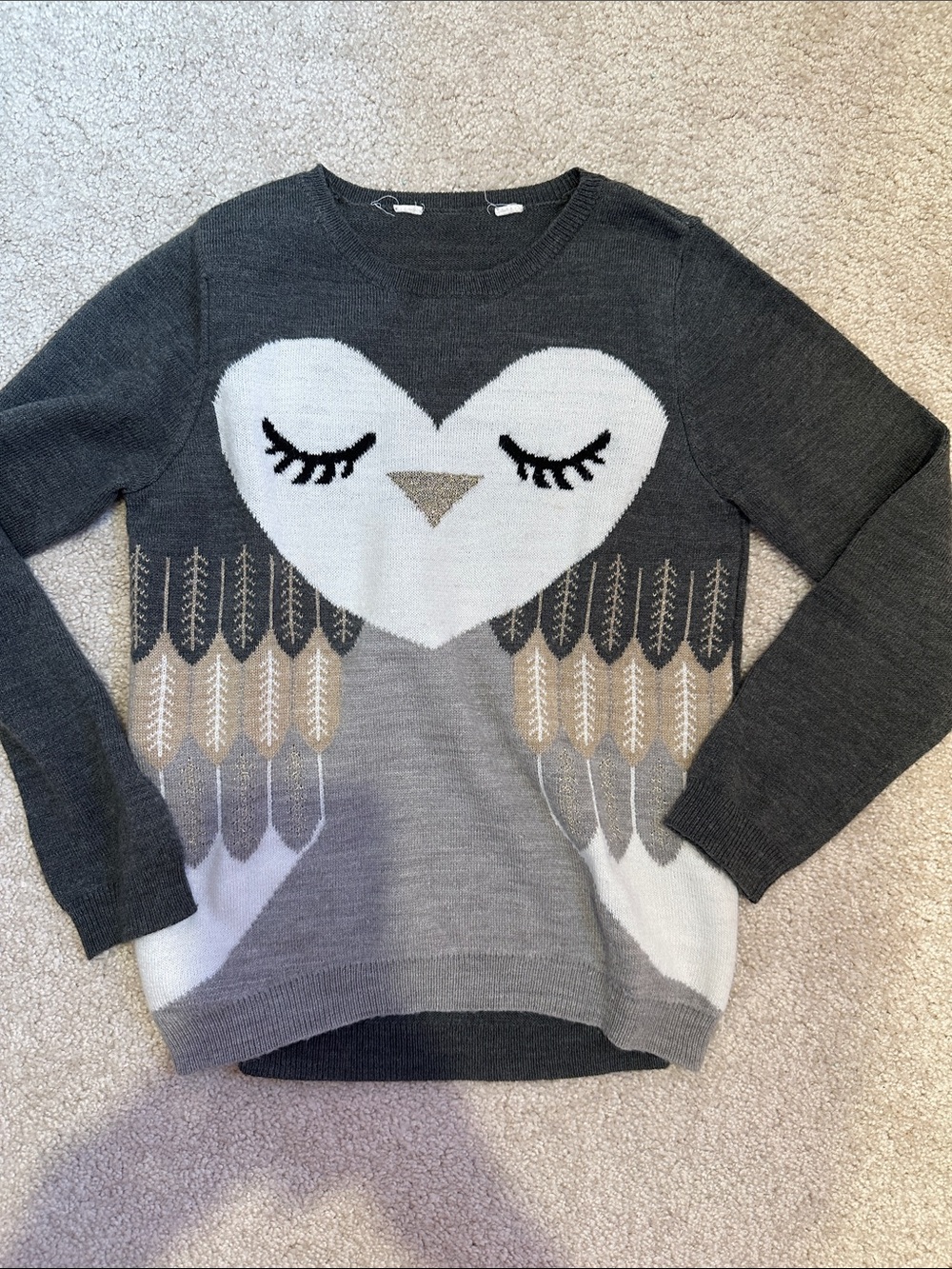 Gray Owl Crewneck Knit Sweater for Girls